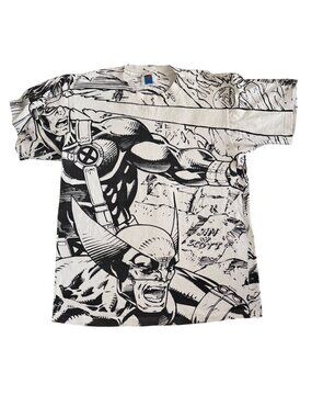 Marvel X-Men All-Over Print T-Shirt Wolverine Cyclops Storm Large White Black Gr